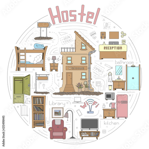 Vector hand drawn illustration with hostel set