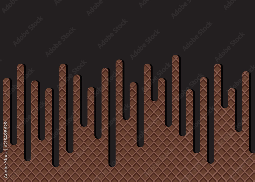 Dripping chocolate ice cream flowing over waffle texture background ...