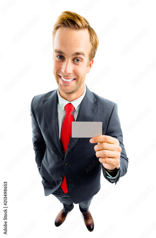 Businessman showing business or plastic card, with copyspace Businessman showing business or plastic card, with copyspace