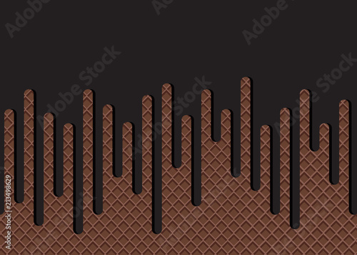 Dripping chocolate ice cream flowing over waffle texture background.