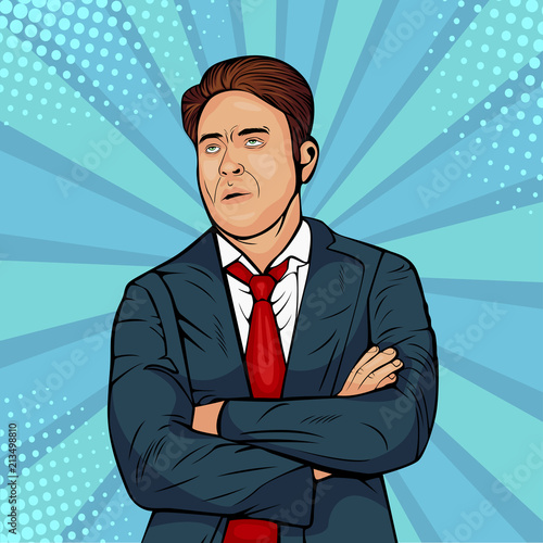 Gloomy caucasian male frowns face, looking upwards, pouting lips, being tired. Man expresses annoyance and dissatisfaction. Pop art retro comic style vector illustration. Internet meme