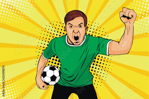Young happy football fan with open mouth and socer ball in his hand celebrates win and Goal. Vector colorful illustration in retro comic style. Sport game invitation poster.