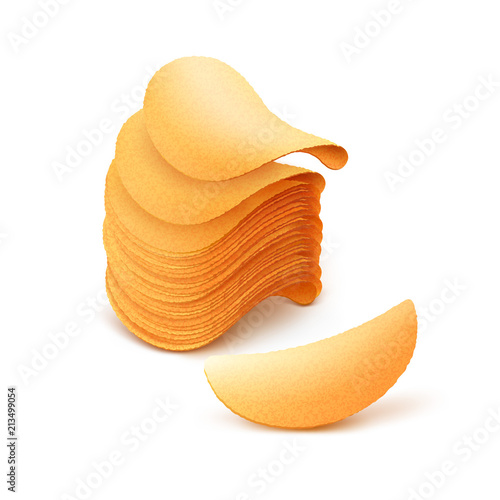 Vector  Stack of  Potato Crispy Chips Close up Isolated on White Background