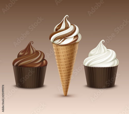 Vector set of Brown Chocolate White Classic Soft Serve Ice Cream Waffle Cone and Brown Carton Cup Close up Isolated on Background