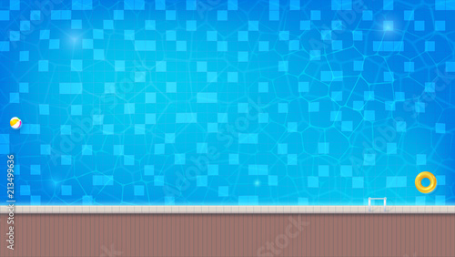Swimming pool with floating inflatable ball and swimming rings. Top view of blue water in deep outdoor pool with side and stairs. 3D vector illustration. Template for cover, poster, banner