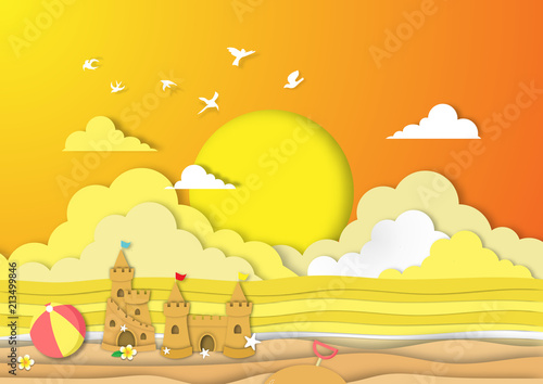 Paper art summer beach background with sand castle in sunset time view paper cut style vector