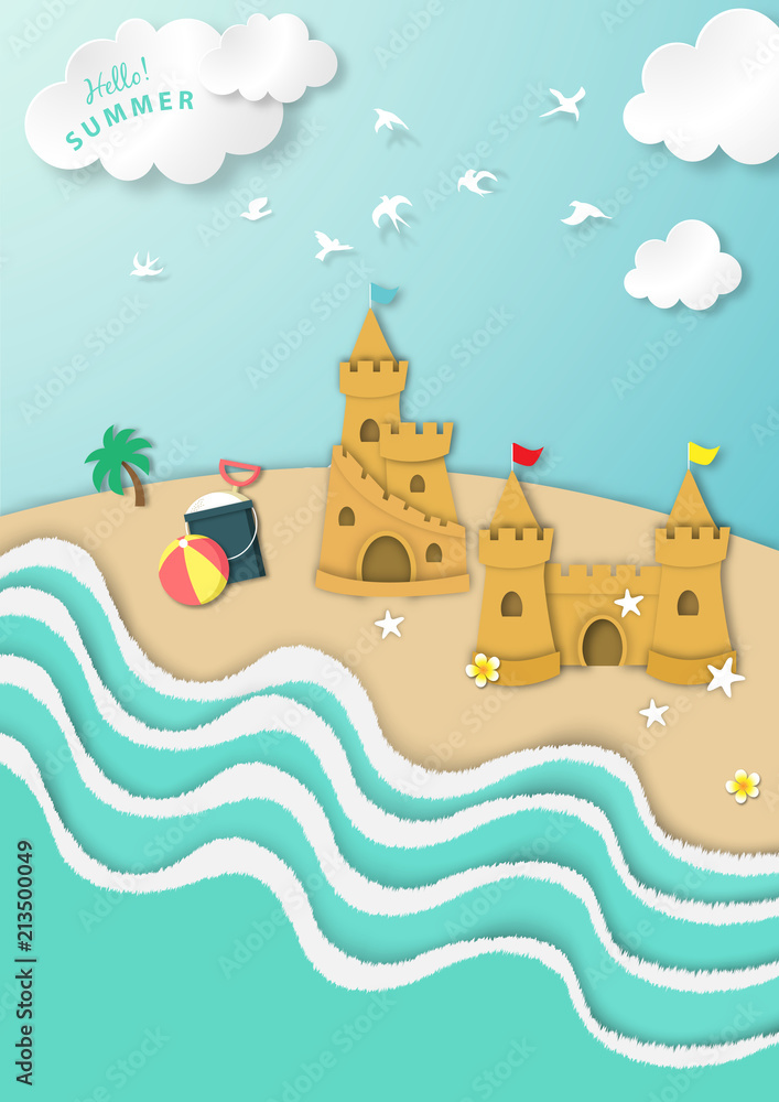summer background, with ocean or sea wave and summer sand castle paper art style vector