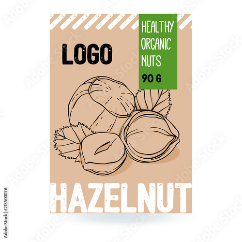 Beautiful vector hand drawn hazelnut organic nut. Template elements collection for packaging design. Modern illustrations isolated on white background.