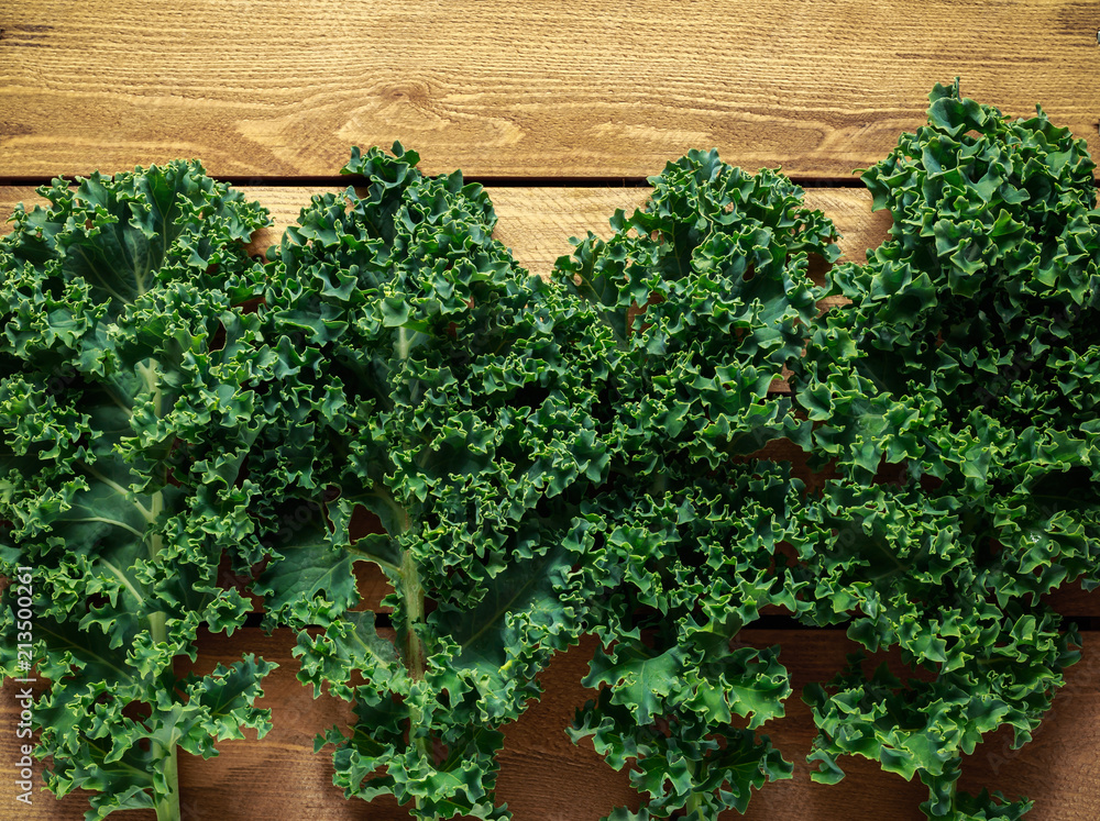 Raw organic freshly picked green curly kale on wooden table Raw organic freshly picked green curly kale on wooden table