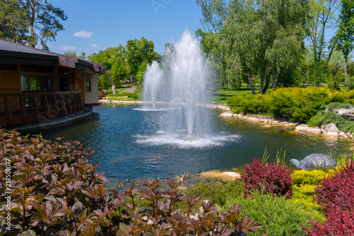 a wooden terrace with access to a pond with two fountains surrounded by beautiful flowers, green bushes and tall trees under a blue sky. place of rest, tourism