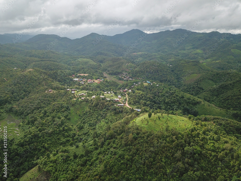 Aerial photos A small village in the jungle in Chiang Mai, Thailand. Aerial photos A small village in the jungle in Chiang Mai, Thailand.