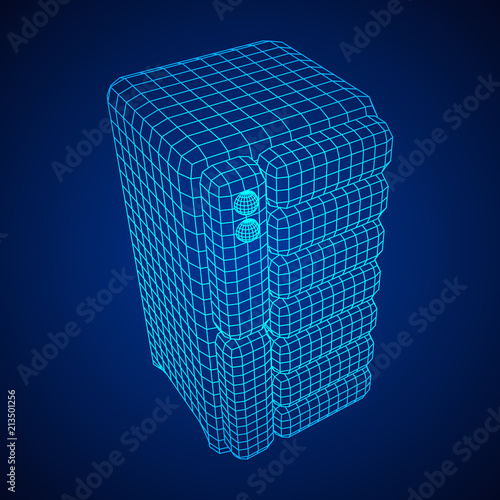 Hardware equipment telecommunication server. Data center storage room object. Computer database tower. Internet industry cluster. Wireframe low poly mesh vector illustration