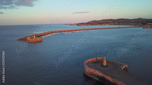 aerial view of red and green lighthouses in Dun Laoghaire, Dublin