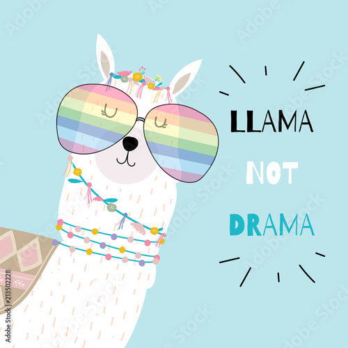 Blue hand drawn cute card with llama wear glasses