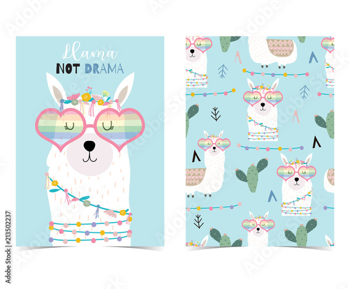 Blue hand drawn cute card with llama,heart glasses and cactus