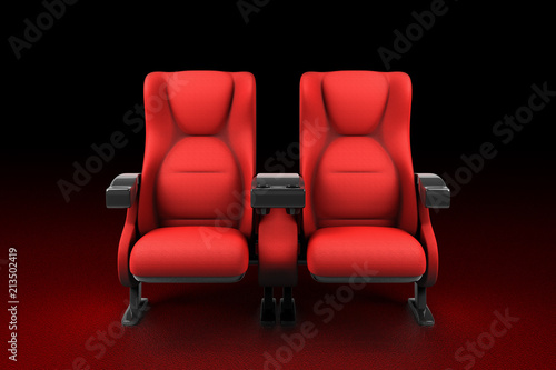 3d rendering front view of couple red theater seat isolated on black background with clipping paths.