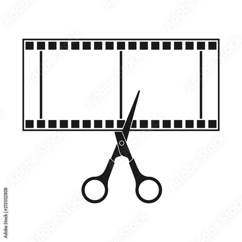Film and scissors, video trim line icon, outline vector sign