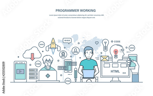 Programmer working. Programming in high-level languages, process of developing applications.