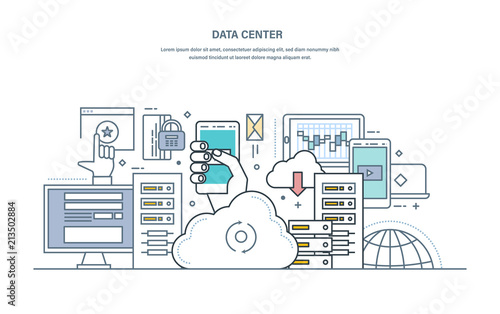 Data center. Cloud storage, secure data storage, web hosting server.
