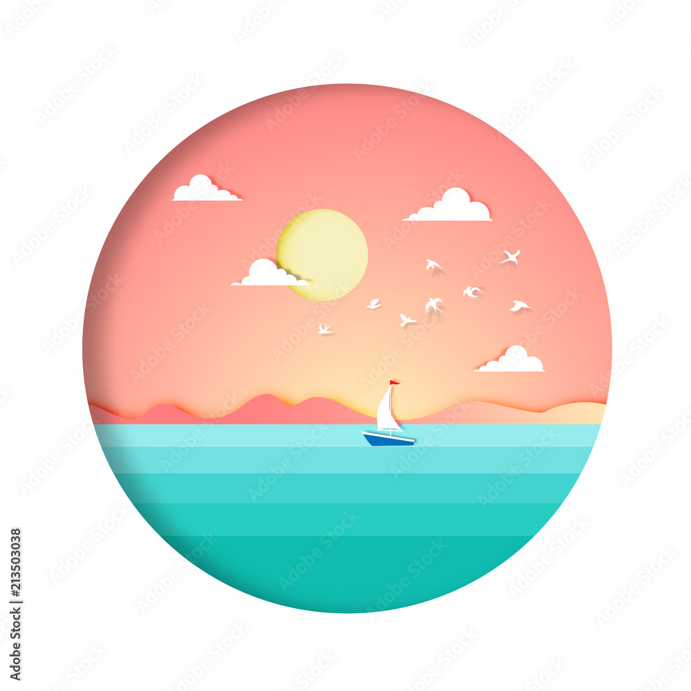Summer Background with paper art style vector and illustration