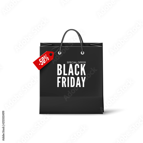 Black Friday Poster. Black paper bag with discount tag. Black friday banner template. Vector illustration isolated on white background