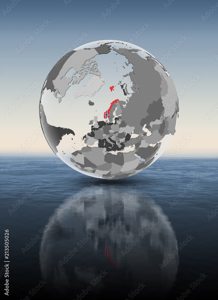 Norway on translucent globe above water Norway on translucent globe above water