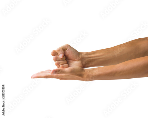 Man hand holding fist smash on palm isolated on white background. Clipping path of hand isolated. Hand gesture.