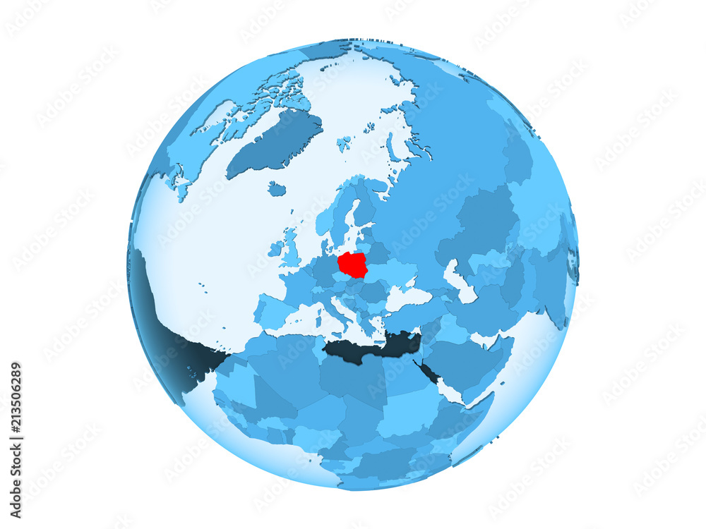 Obraz premium Poland on blue globe isolated
