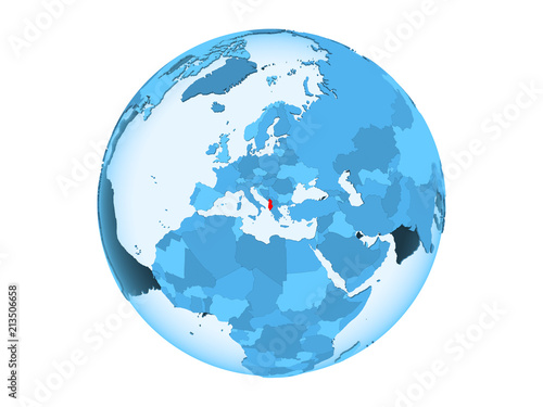Albania on blue globe isolated