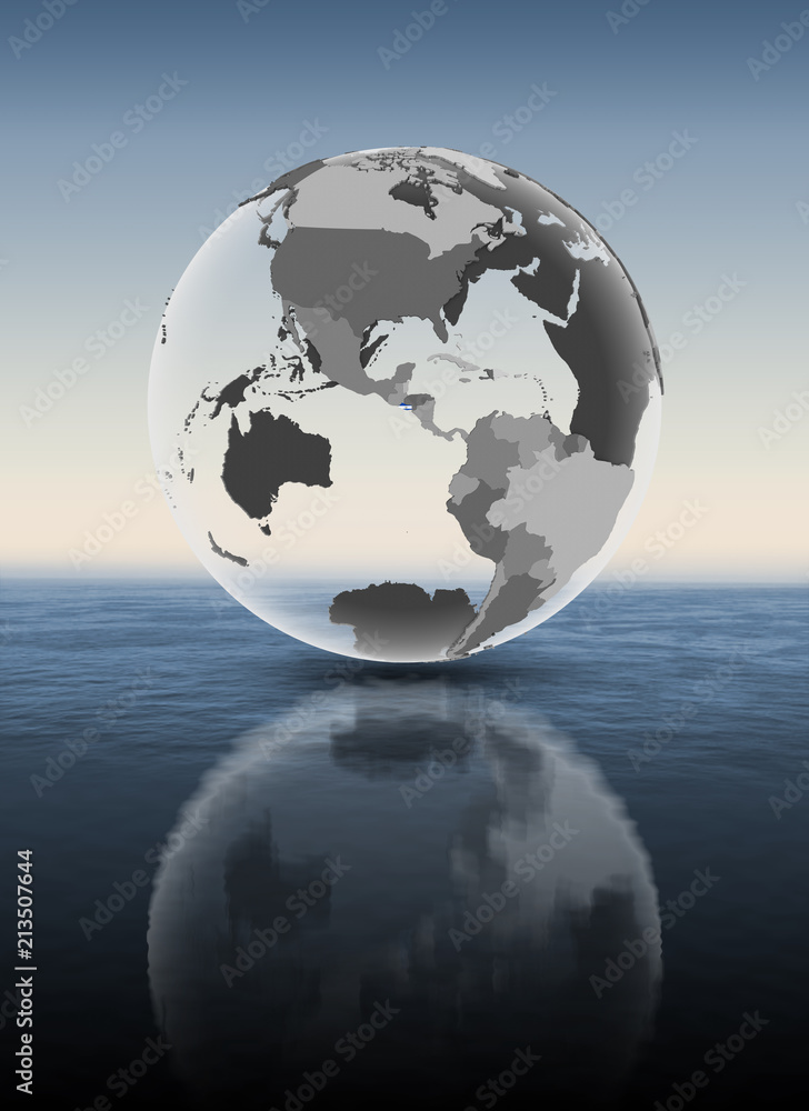 El Salvador on translucent globe above water El Salvador on translucent globe above water