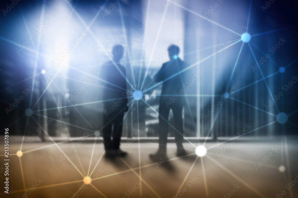 Blockchain network on blurred skyscrapers background. Financial technology and communication concept. Blockchain network on blurred skyscrapers background. Financial technology and communication concept.