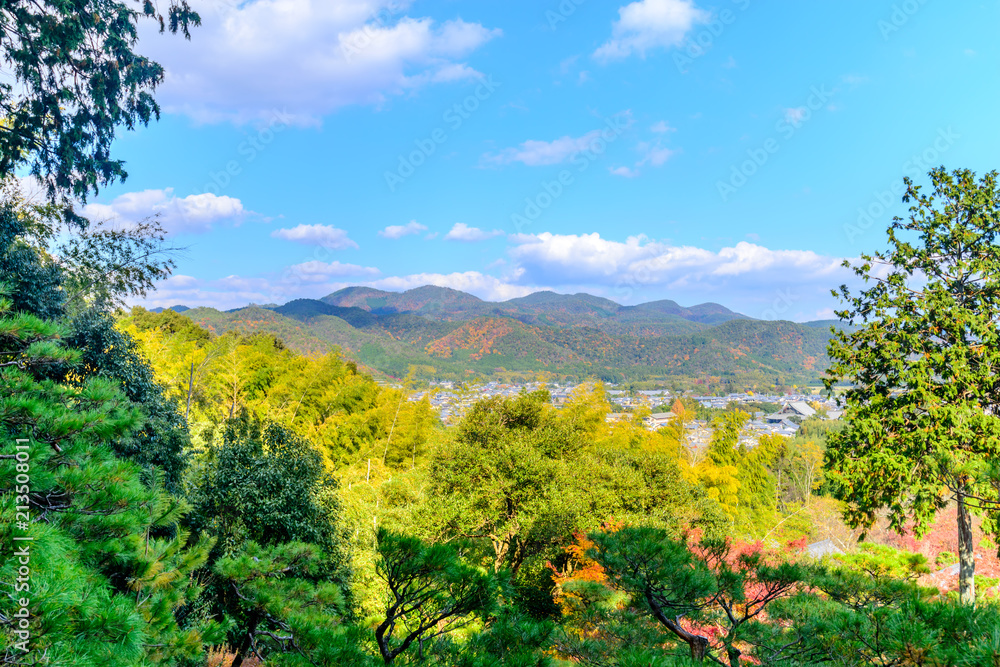 Arashiyama cityscape viewpoint from Jojakkoji temple landmark in autumn season, Japan