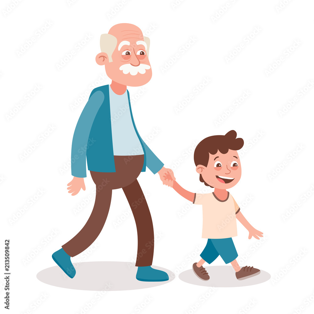 Grandfather and grandson walking, he takes him by the hand. Cartoon style, isolated on white background. Vector illustration.