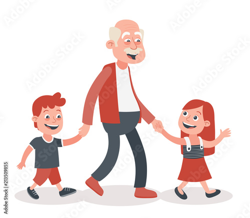 Grandfather with his grandchildren walking, he takes them by the hand. One boy and one girl. Cartoon style, isolated on white background. Vector illustration.