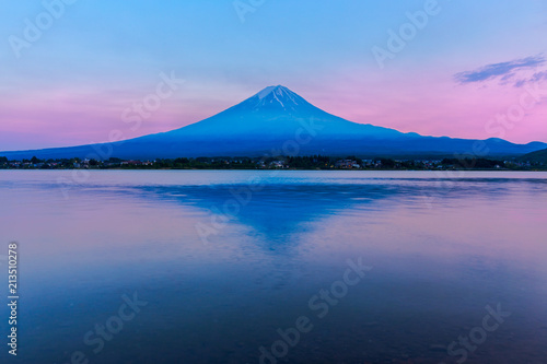 View of Mount Fuji and reflection by Lake kawaguchiko during sunset in Yamanashi, Japan.