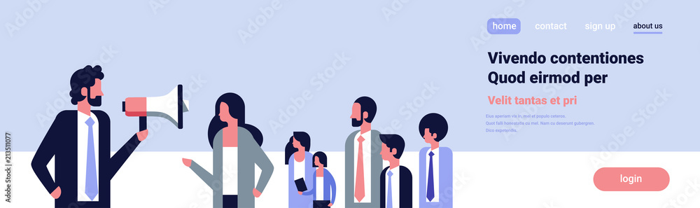 businessman talking megaphone business team leader social activist opposition demonstration speech concept banner flat copy space vector illustration businessman talking megaphone business team leader social activist opposition demonstration speech concept banner flat copy space vector illustration