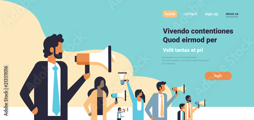 business people holding megaphone public protest social activist opposition demonstration strike speech concept horizontal flat copy space vector illustration