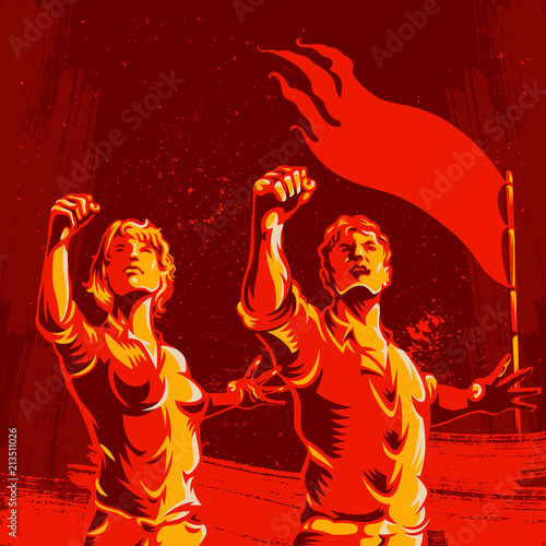 Men and Women protest fist revolution poster design. Propaganda Background Style. Revolution raising The Flag.
