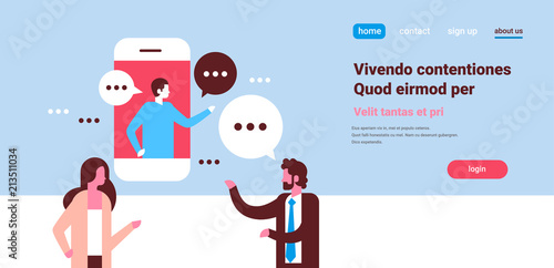 couple chat bubbles mobile application communicating speech dialogue man woman character background portrait copy space horizontal flat vector illustration
