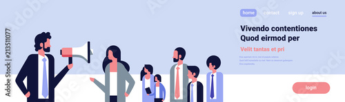 businessman talking megaphone business team leader social activist opposition demonstration speech concept banner flat copy space vector illustration