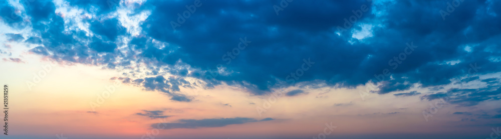 Panorama of beautiful red sky and cloud in sunset, colorful evening nature. High resolution.