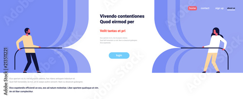 couple pull rope opening concept grand ceremony celebration presentation event mix race man woman ready to start banner flat copy space vector illustration