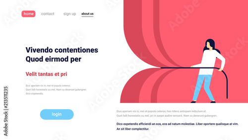 woman pull rope opening concept grand ceremony celebration presentation event ready to start horizontal flat copy space vector illustration