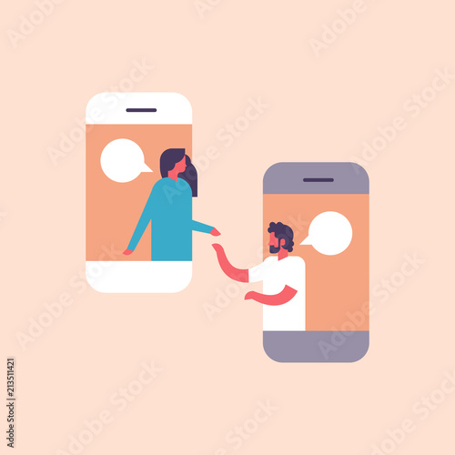 couple chat bubbles mobile application communicating speech dialogue man woman character background portrait flat vector illustration