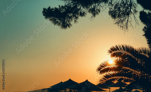 sunset between umbrellas and palm trees on the coast of Izmir aegean sea