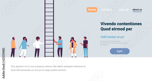people group climbing career ladder way up new job opportunities teamwork progression concept flat copy space horizontal vector illustration
