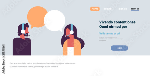 couple portrait chat bubbles communicating speech dialogue man woman headphones character background copy space horizontal flat vector illustration