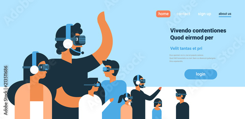 people in vr glasses playing virtual reality headphones team flat copy space horizontal vector illustration