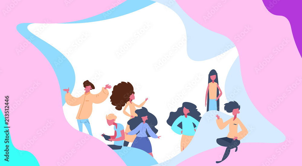 people group relaxing over colorful creative background flat full length horizontal vector illustration