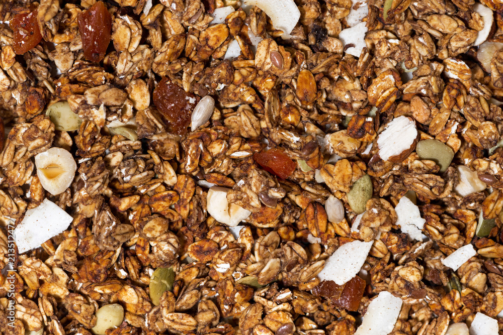 homemade granola with nuts close-up, top view